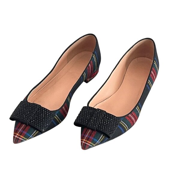 J. CREW Tartan Plaid Pointy Toe Flats Crystal Bow Accent - Picture 1 of 8